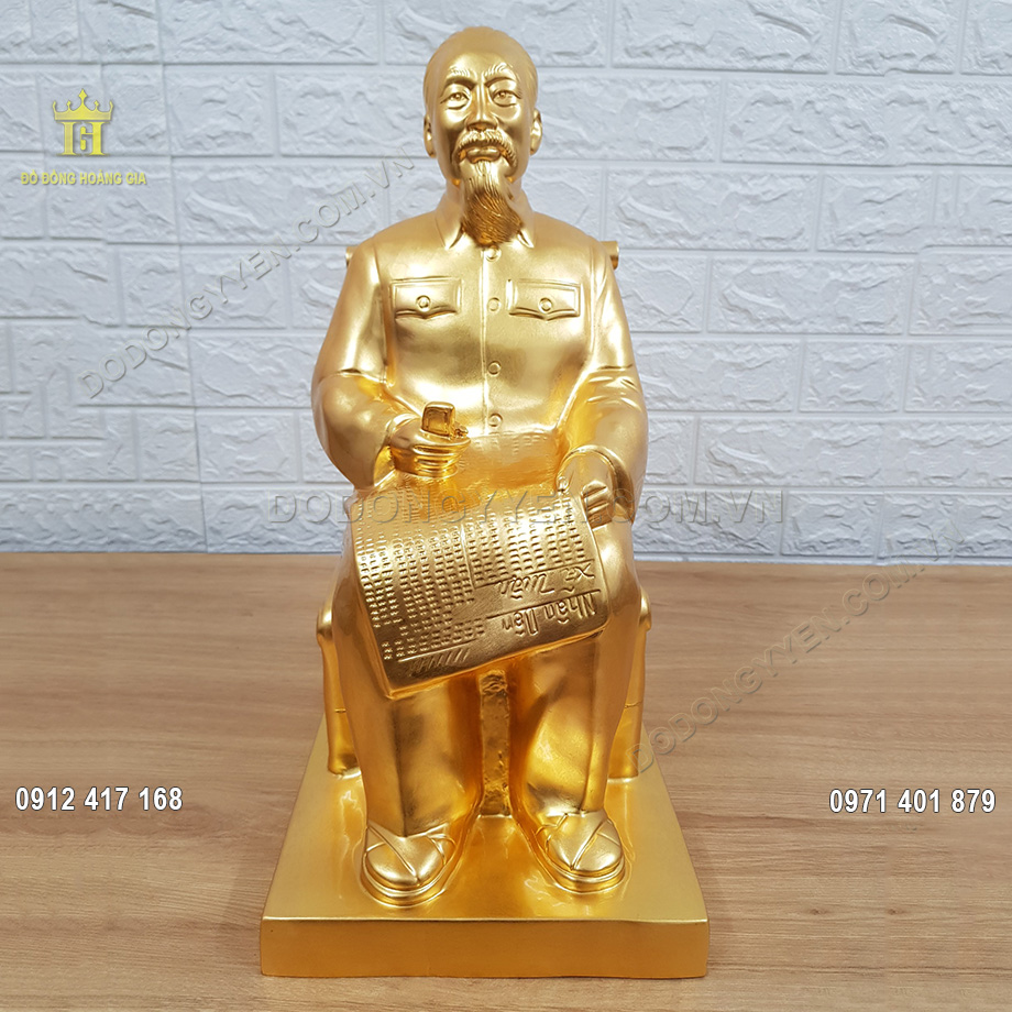 Tượng B&aacute;c Hồ Ngồi Ghế M&acirc;y Bằng Đồng Đỏ D&aacute;t V&agrave;ng 9999 42Cm